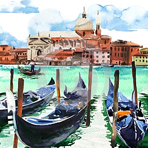 Venice cityscape view with anchored gondolas on the Grand canal in historic Venice, Venezia, Italy, Europe, tourist