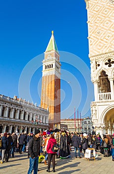 Venice crowded Saint Mark square view during the traditional Carnival Italy