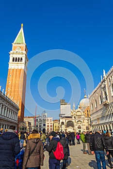 Venice crowded Saint Mark square view during the traditional Carnival Italy