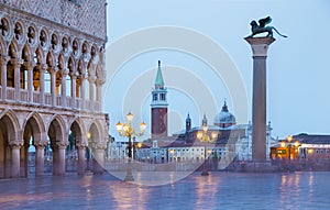 Venice evening city view of Square Piazza San Marco, Doge`s Pala