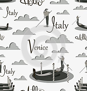 Venice gondola and gondolier in shades of gray.