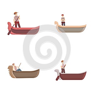 Venice gondola icons set cartoon vector. Italian boat with gondolier