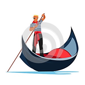 Venice gondola. Italy old boat with gondolier. Europe traveling concept. Vector