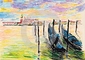 Venice Gondola scenery  painting ,color illustration