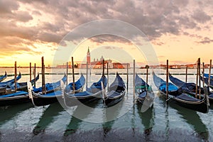 Venice Gondolas at sunrise on Grand Canal, Venice, Italy