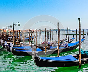 Venice gondolas on a water in a row. Summer, Italy