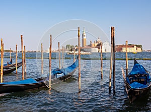 Venice - Group of gondolas moored by Saint Mark square in city of Venice, Veneto, Northern Italy