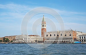 Venice, Italy. Amazing landscape of the San Marco square and Riva degli Schiavoni from the boat
