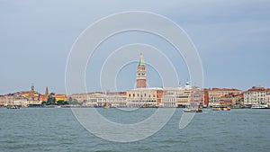 Venice, Italy. Amazing landscape of the San Marco square and Riva degli Schiavoni from the boat. Venezia best of Italy