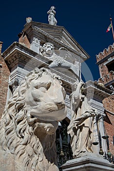 Venice, Italy. Architectural styles detail. Main Arsenale entrance. Venetian lion.