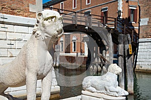 Venice, Italy. Architectural styles detail. Main Arsenale entrance. Venetian lion.