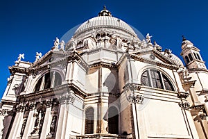 VENICE, ITALY - AUGUST 17, 2016: Famous architectural monuments and colorful facades of old medieval buildings close-up on August