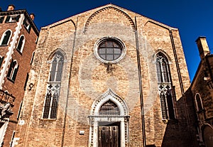 VENICE, ITALY - AUGUST 17, 2016: Famous architectural monuments and colorful facades of old medieval buildings close-up on August