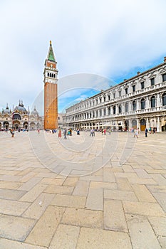 VENICE, ITALY - AUGUST 02, 2021: St Mark's Square, Italian: Piazza San Marco, the main square of Venice with St Mark