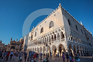 Venice, Italy - 15.08.2018: Beautiful view of the Doge`s Palace and St. Mark`s Basilica in Venice