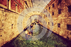 Venice, Italy. Bridge of Sighs and gondola. Vintage art photo