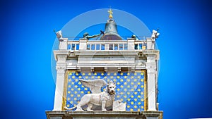 Venice, Italy, close up of the marble winged lion of St Mark, symbol of evangelist and Venetian republic