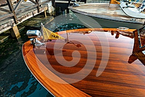 Venice Italy - Close up of wooden water taxis