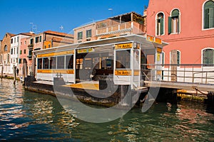 Venice, Italy, February 14, 2017. Venice City of Italy. View ferry dock watter taxi stop on Grand Canal for boats