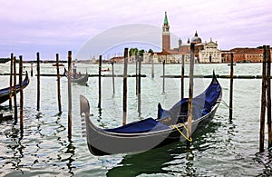 Venice, Italy: Gondola on Grand canal. Saint George church San Georgio basilica island view