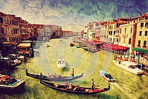 Venice, Italy. Gondola on Grand Canal. Vintage art