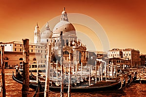 Venice, Italy. Gondolas on Grand Canal and the Salute basilica