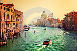 Venice, Italy. Grand Canal and Basilica Santa Maria della Salute at sunset