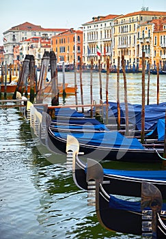 Venice, Italy. Grand canal in Venezia with gondola boats parked