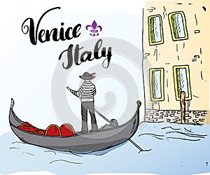 Venice Italy Hand Drawn Sketch Doodle Gondolier and lettering handwritten sign, grunge calligraphic text. Vector illustration