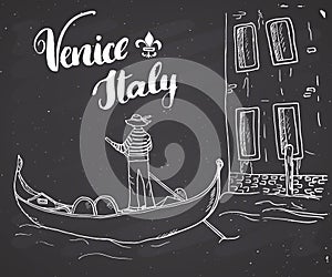 Venice Italy Hand Drawn Sketch Doodle Gondolier and lettering handwritten sign, grunge calligraphic text. Vector illustration on c