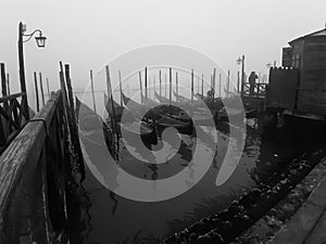 Venice, Italy, January 27, 2020 gondolas moored in a canal