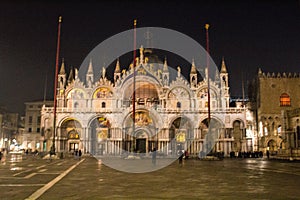 Venice, Italy, January 27, 2020 Piazza San Marco with the Basilica at night