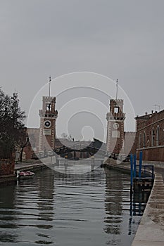 VENICE, ITALY. JANUARY 05, 2016 - Cloudy day in Venice. Drizzling light rain. Venetian Arsenal is one of the symbols of the city.