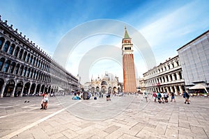 Venice, Italy - June 10, 2017: Piazza San Marco with Campanile, Basilika San Marco and Doge Palace in Venezia on August 10, 2017