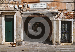 Entrance to an ancient alleyway in the traditional Jewish ghetto of Venice located in the Cannaregio district. Calle