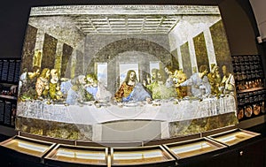 Inside of the Leonardo da Vinci Museum, Venice, Italy. Reproduction on luminous support of the famous painting The Last Supper