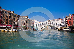 VENICE, ITALY - March 24, 2019: Romantic spring scene of famous Canal Grande. Colorful morning panorama with Rialto