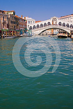 VENICE, ITALY - March 24, 2019: Romantic spring scene of famous Canal Grande. Colorful morning panorama with Rialto