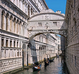 Venice, Italy - 08 May 2018: Bridge of sighs. Bridge of sighs connects the Doge`s Palace and the old Venetian prison