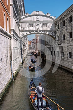 Venice, Italy - 08 May 2018: Bridge of sighs. Bridge of sighs connects the Doge`s Palace and the old Venetian prison