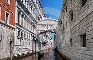 Venice, Italy - 08 May 2018: Bridge of sighs. Bridge of sighs connects the Doge`s Palace and the old Venetian prison