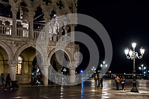 Medieval Doge`s Palace or Palazzo Ducale at night in Venice. It is famous landmark of Venice