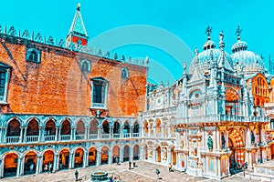 VENICE, ITALY - MAY 12, 2017 :Patio of St. Mark`s Cathedral Basilica di San Marcosand the Doge`s Palace Palazzo Ducale , Ita