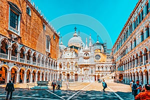 VENICE, ITALY - MAY 12, 2017 :Patio of St. Mark`s Cathedral Basilica di San Marcosand the Doge`s Palace Palazzo Ducale , Ita