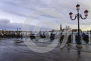 VENICE, ITALY - November 17, 2017: flood acqua alta in Venice, Italy. Venice high water. Natural disaster