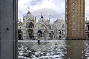 VENICE, ITALY - November 17, 2017: St. Marks Square Piazza San Marco during flood acqua alta in Venice, Italy. Venice high