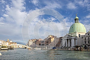 VENICE, ITALY - November 27, 2017: Grand Canal and Scalzi Bridge Ponte degli Scalzi, 1934 in Venice. Ponte degli Scalzi is one