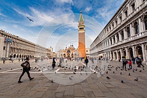 Venice, Italy - October 24, 2019: Amazing architecture of the Piazza San Marco square with Basilica of Saint Mark in Venice city,