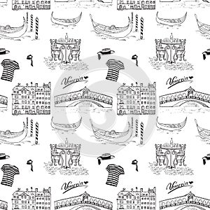 Venice Italy seamless pattern. Hand drawn sketch with gondolas, gondolier clothes, houses, market bridge and cafe table with chair