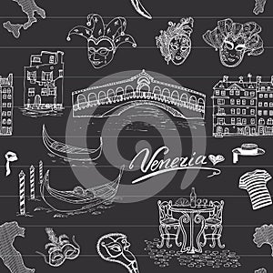 Venice Italy seamless pattern. Hand drawn sketch with map of Italy, gondolas, gondolier clothes, carnival venetian masks, houses,